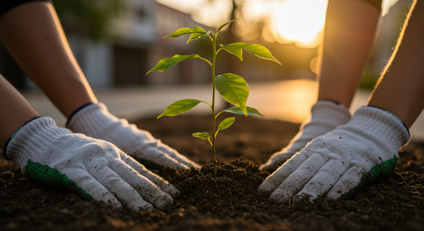 Mãos plantando uma muda de árvore no solo, simbolizando o futuro verde de Olímpia.