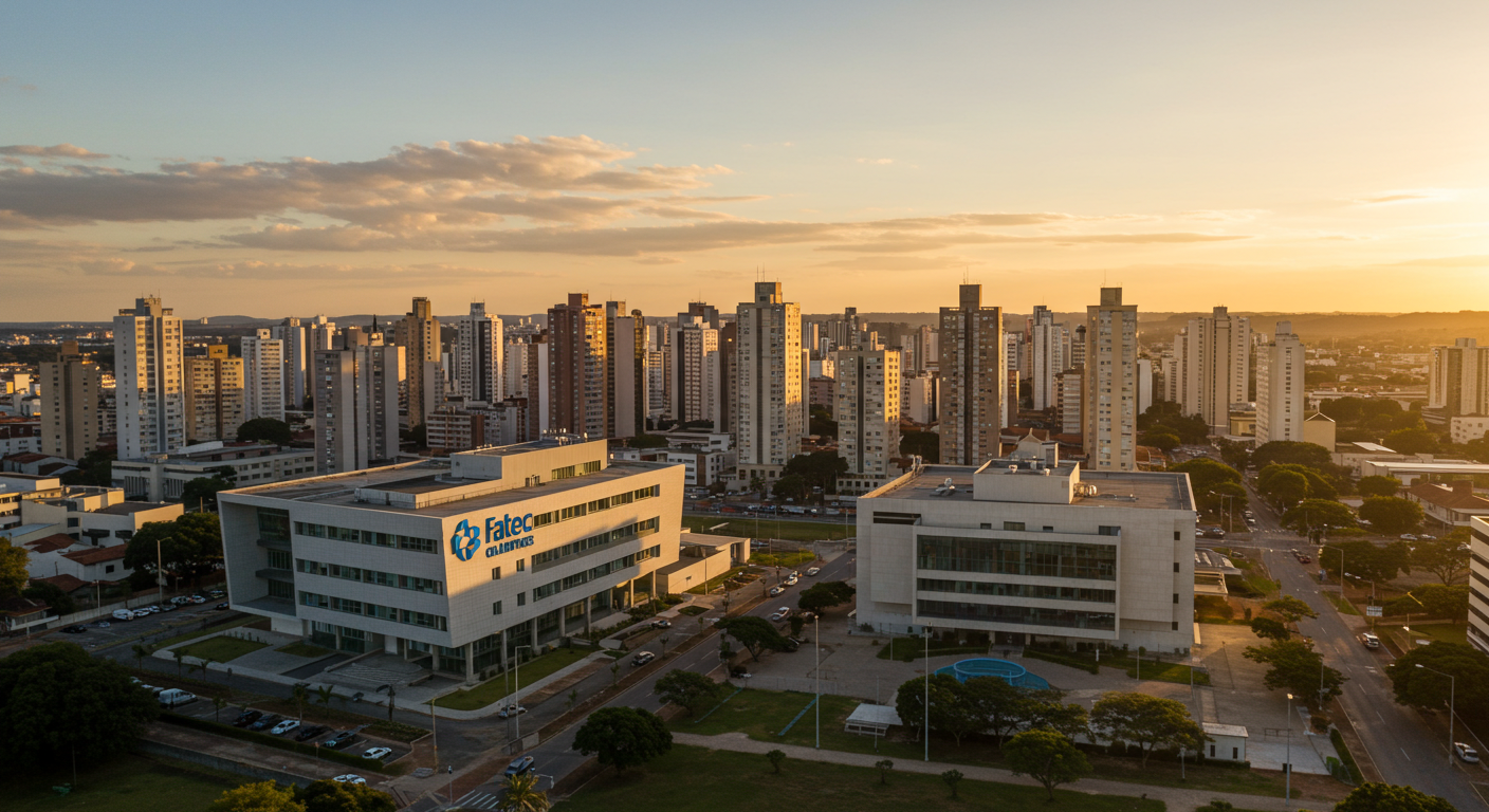 Vista panorâmica da cidade de Olímpia, SP, com destaque para um edifício moderno representando a Fatec, simbolizando o impacto educacional e o futuro da região.