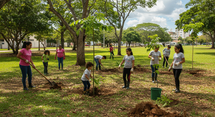 Comunidade de Olímpia plantando mudas de árvores em um parque urbano, promovendo a sustentabilidade local.