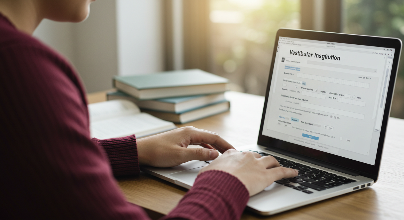 Pessoa jovem e concentrada preenchendo um formulário de inscrição online para o vestibular 2026 da Fatec Olímpia em um notebook, em um ambiente de estudo organizado.