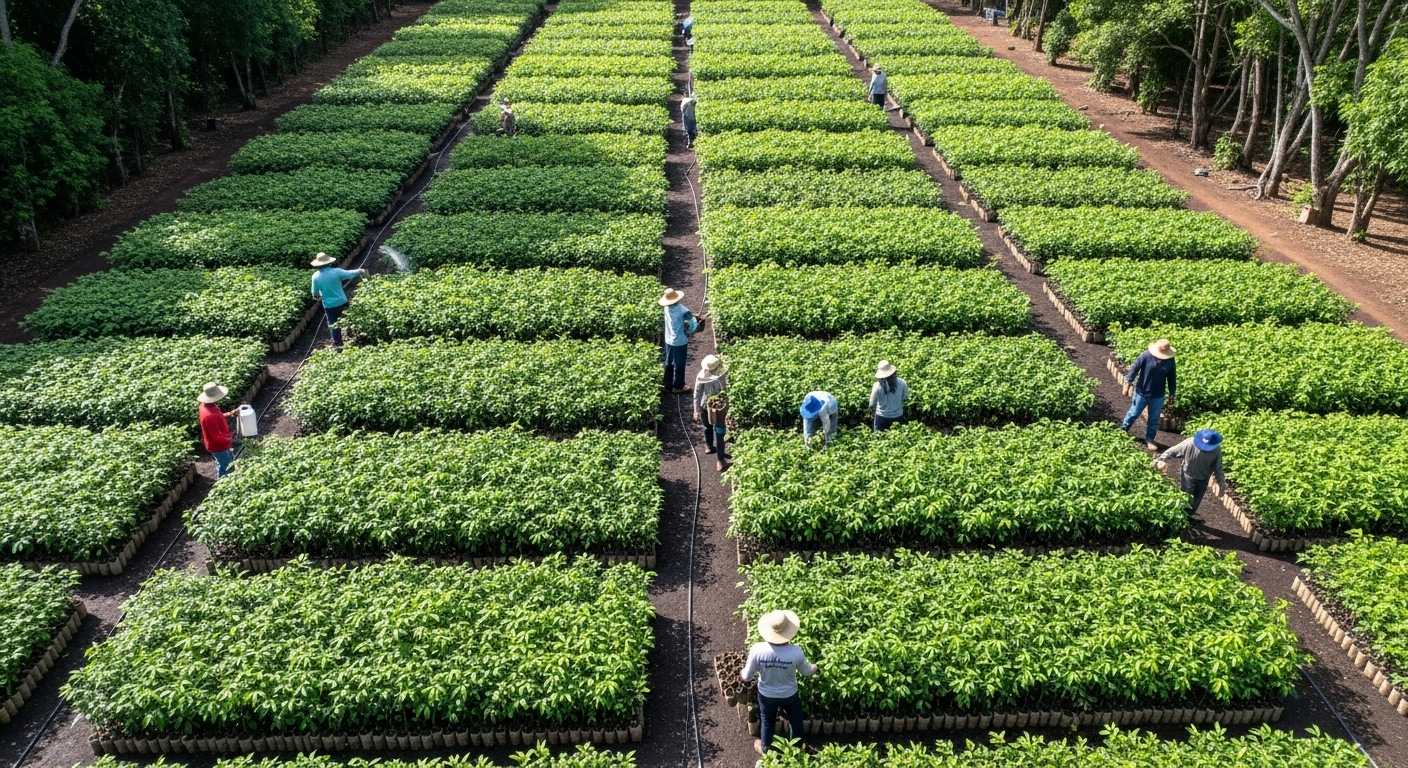 Mudas de árvores nativas em um viveiro em Olímpia, prontas para o plantio no Dia da Árvore.